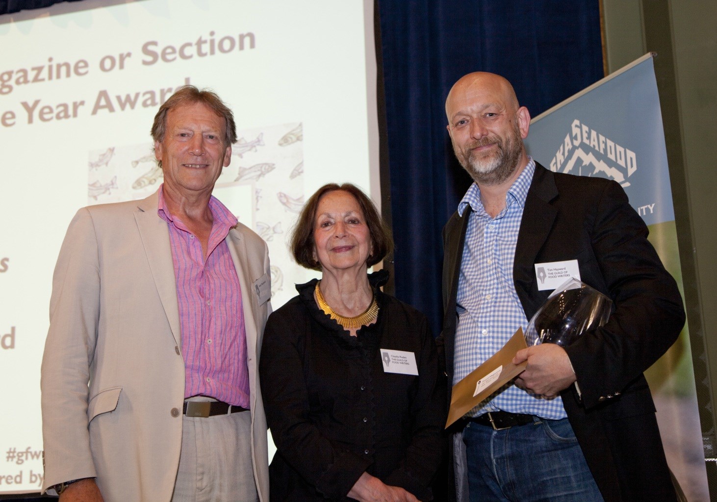 Coregeo’s Managing Director, Andy Macdonald (left) and Claudia Roden presenting Tim Hayward with the Food Magazine or Section of the Year Award (sponsored by Tenderstem®)